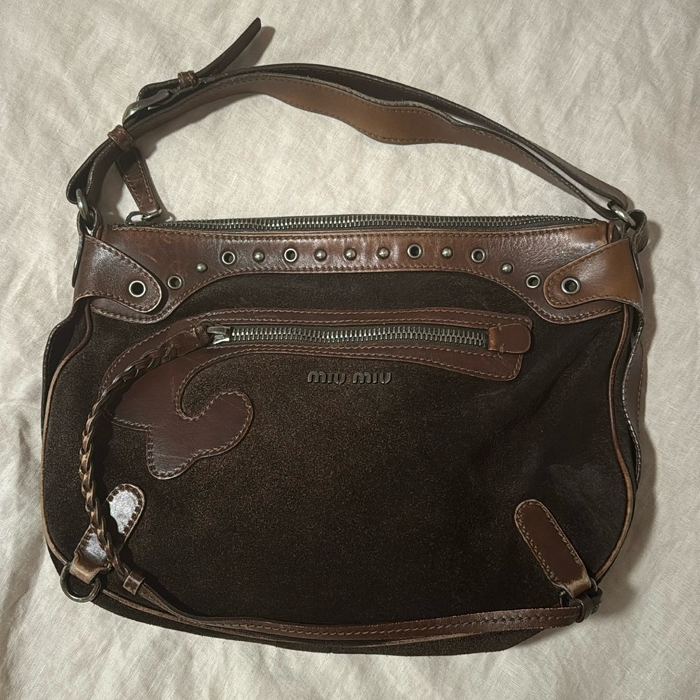 RARE Vintage Miu Miu Brown Suede & Leather Bag  western hobo with Flower Pin Y2K